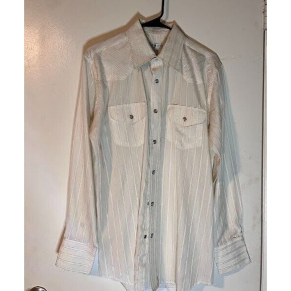 Vntg Crazy Cowboy L Western Shirt Cream Gold Stripe Rodeo Country Cowboy Dress